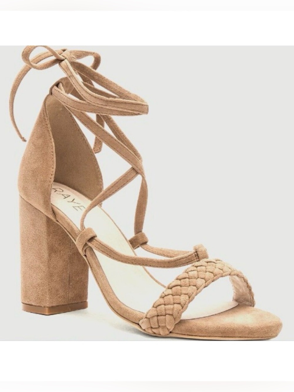 New RAYE Lulu Heel Sandal Tan Suede Braided Ankle Wrap Gladiator 9.5 MSRP $200